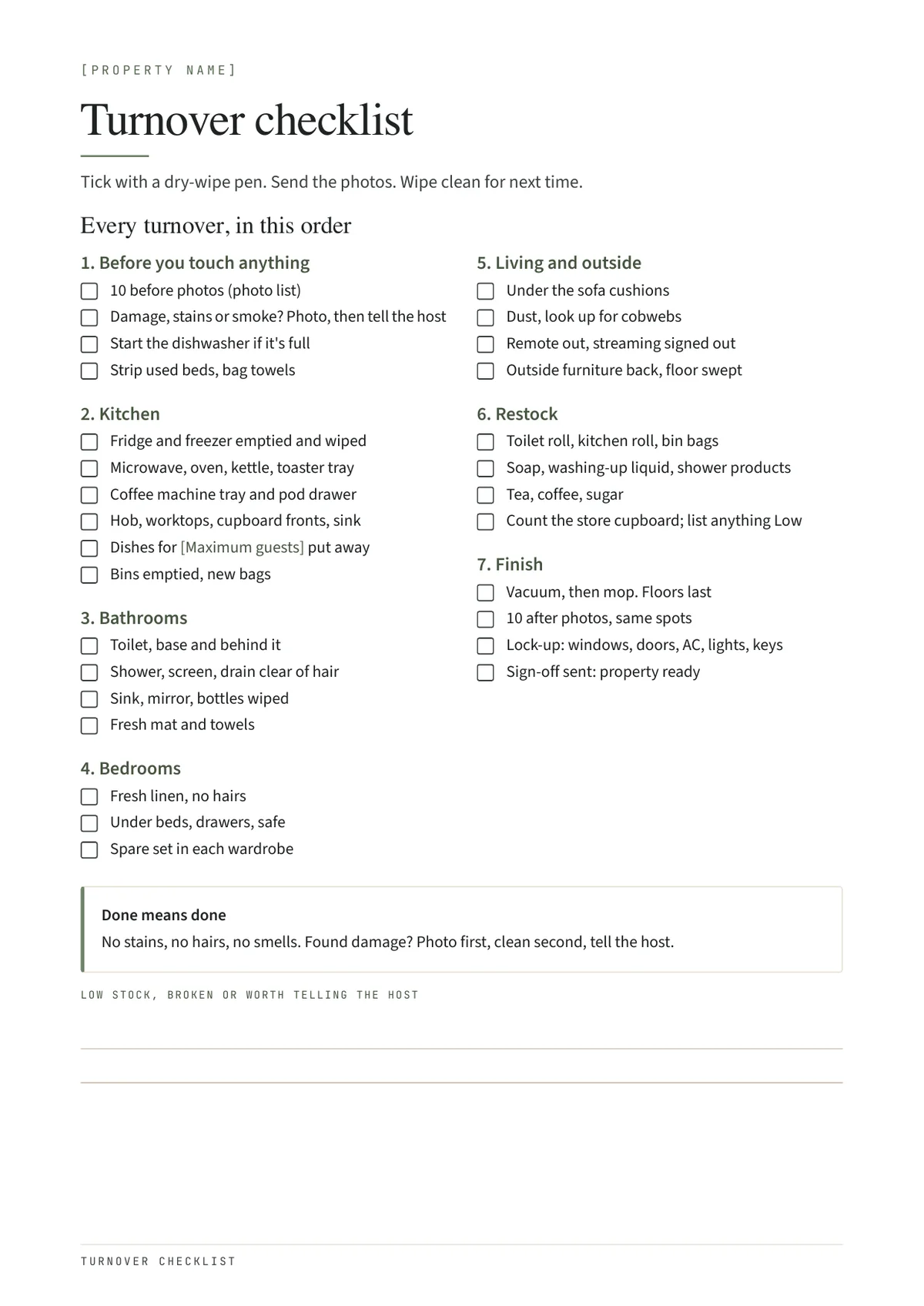One-page laminate turnover checklist in seven numbered groups with square tick boxes