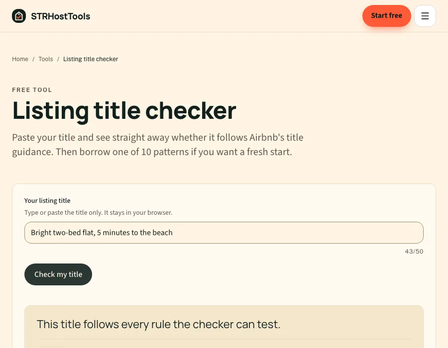 The listing title checker with an example title checked against the rules